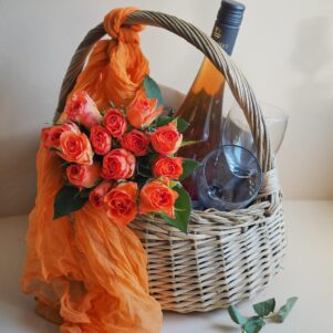 roses, wine, still life, orange roses, basket, picnic, summer, cloth, glasses